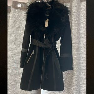 Guess Coat With Leather Trim and Faux Fur around collar